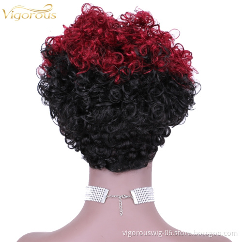 Vigorous Top Quality Ombre Black Roots To Red Afro Kinky Curly Wigs for Black Women Short Side Part Human Hair Wholesale Price